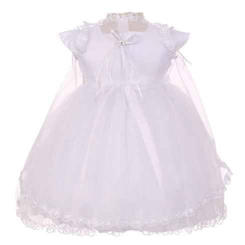 RainKids Baby Girls White Sparkly Tulle Cape Bonnet Christening Dress 0-24M - SophiasStyle.com